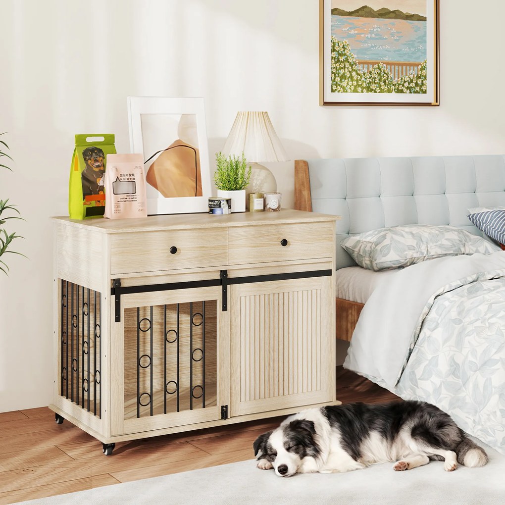 PawHut Cușcă pentru câini pe roți, 2 uși, 2 sertare, pentru câini medii și mari, lemn, oțel | Aosom Romania
