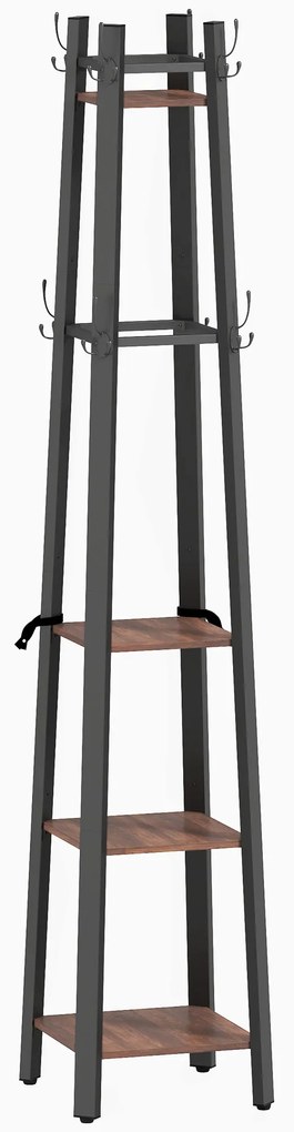 HOMCOM Suport pentru haine cu 4 nivele, stand pentru haine independent, 8 cârlige, 4 rafturi, stil industrial, metal, placă aglomerată, maro | Aosom Romania