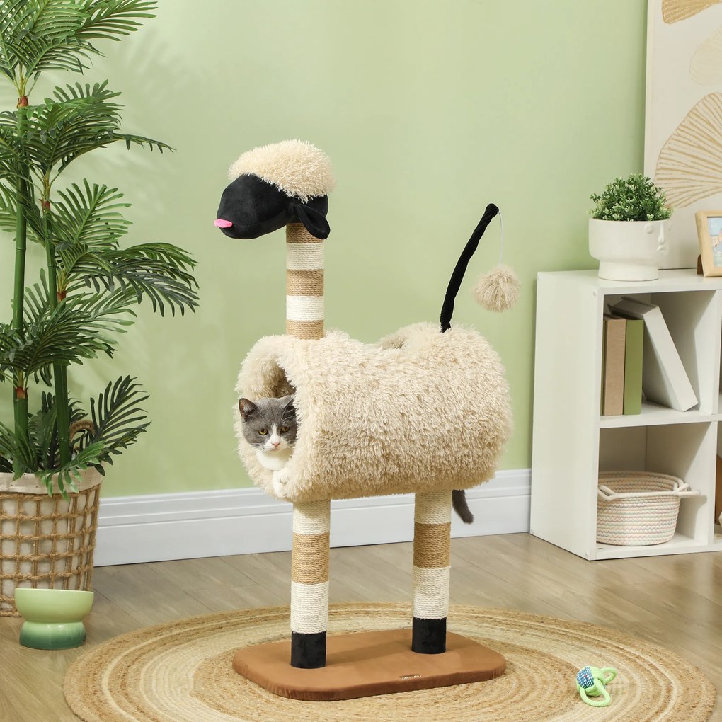 PawHut Pom de zgâriat în design de oi, cu poste de zgâriat, tunel și jucărie, 98 cm, maro deschis | Aosom Romania