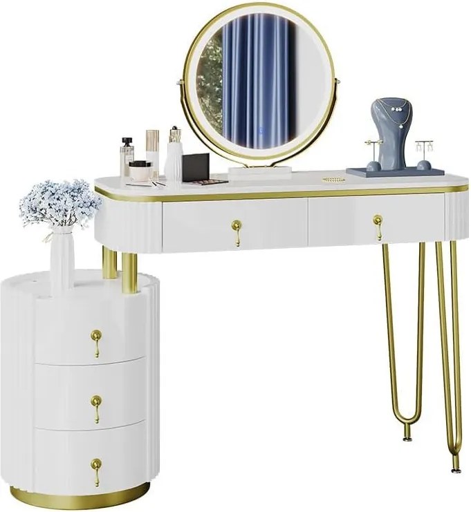 Masuta machiaj cu Oglinda LED si 5 Sertare pentru Cosmetice, Set Masa toaleta 100 cm, Alb, masuta cosmetica, vanity - SEA422