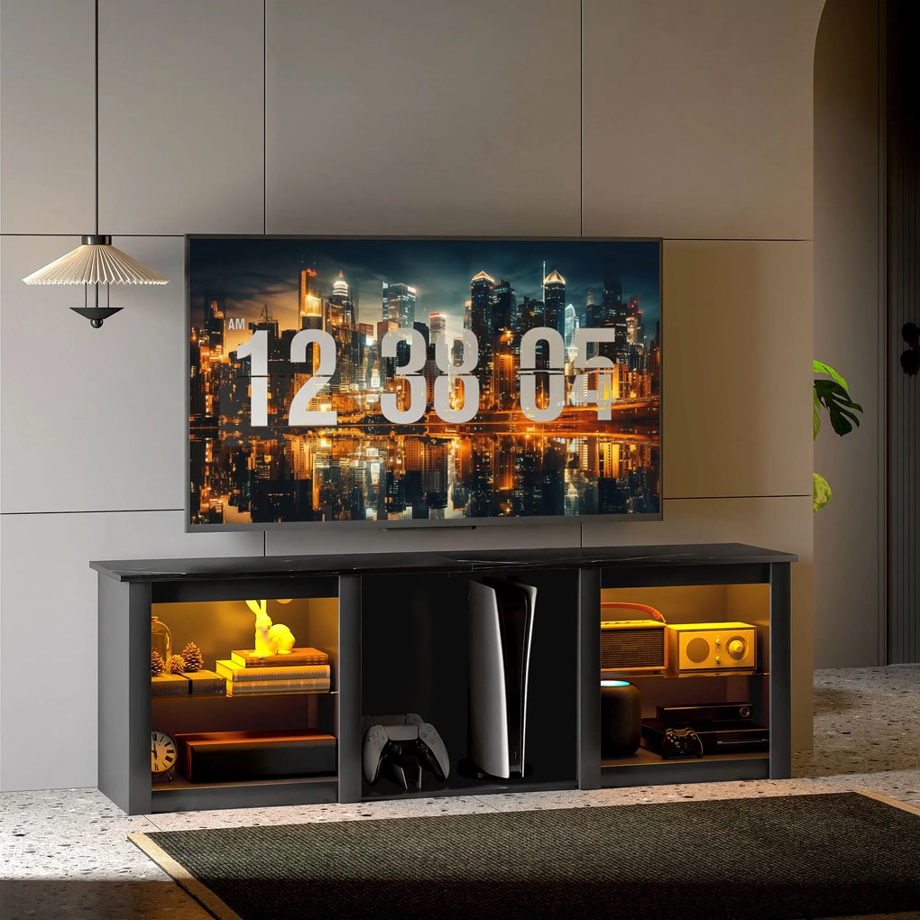 HOMCOM Mobilier TV cu iluminare LED pentru televizoare până la 65 de inch, 160cm cu rafturi din sticlă reglabile, negru | Aosom Romania