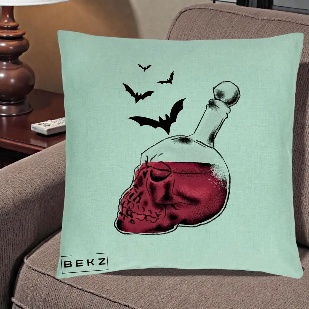 Perna Decorativa Halloween Craniu-Sticla cu Lilieci, 40x40 cm, Verde Menta, Husa Detasabila, Perna Inclusa, BEKZ®