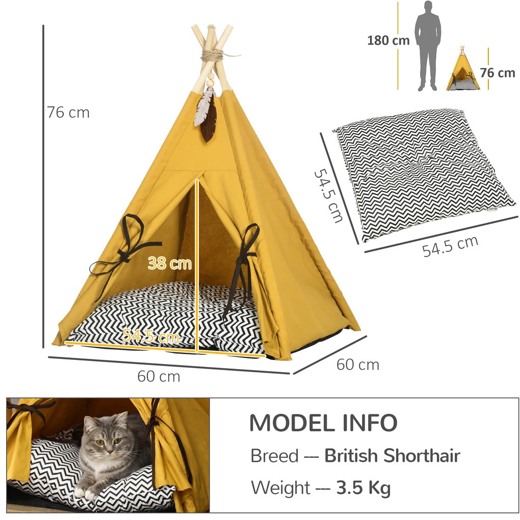 PawHut Pat pentru Animale de Companie, design Tipi drăguț, cu pernă moale de odihnă, podea antiderapantă, pentru câini și pisici, 60 x 60 x 76 cm | Aosom Romania
