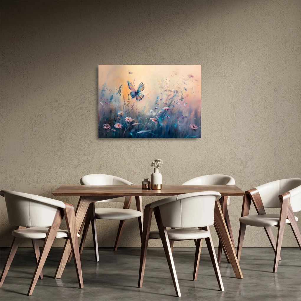 Tablou pe sticlă - Pajiște cu Fluture II (70x50 cm)