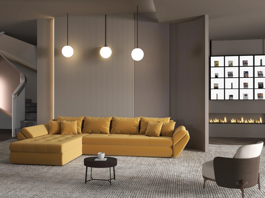 Colțar extensibil dumonde cu ladă de depozitare si sezut confortabil din spuma high-density, Loana XL Royal Mustar 335x185 cm