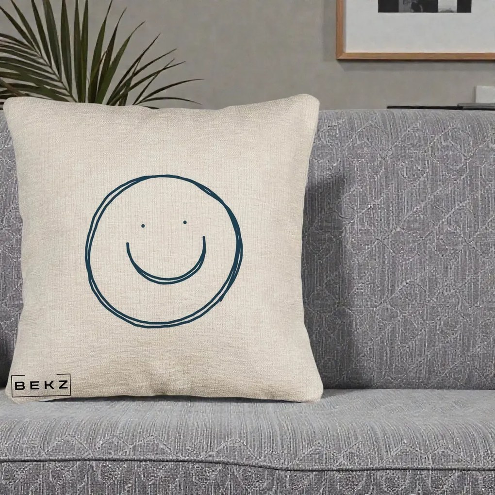 Perna Decorativa Smile Desen Minimalist, 40x40 cm, Bej Canapea, Husa Detasabila, Perna Inclusa, BEKZ®