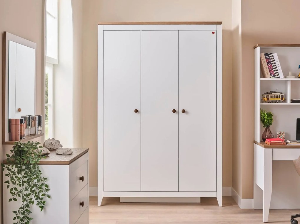 Dulap modern alb pentru copii, 3 usi, 138x58x207 cm, colectia Lucia