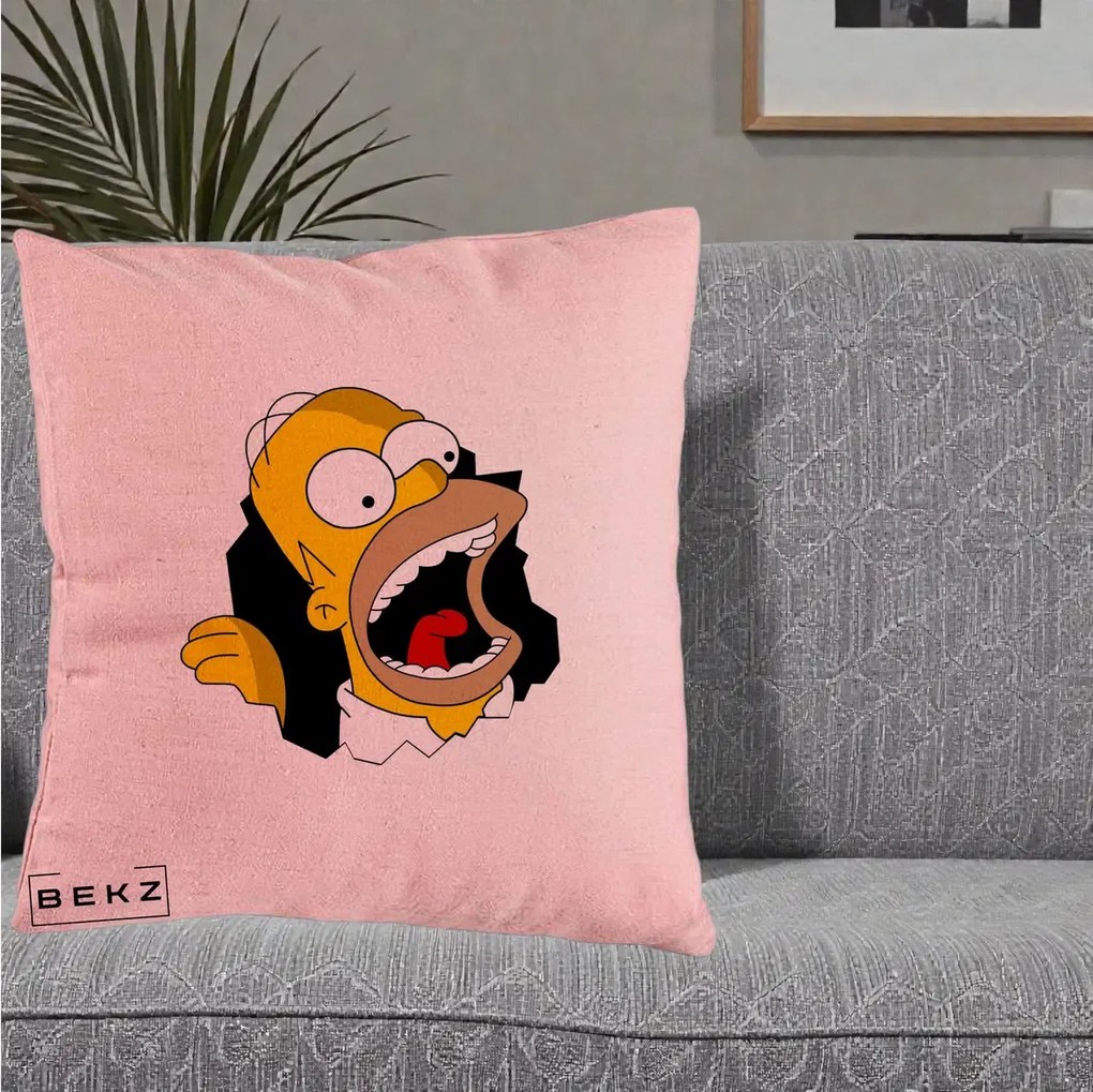 Perna Personalizata Homer Simpson Surpriza, 40x40 cm, Roz, Husa Detasabila, Perna Inclusa, BEKZ®