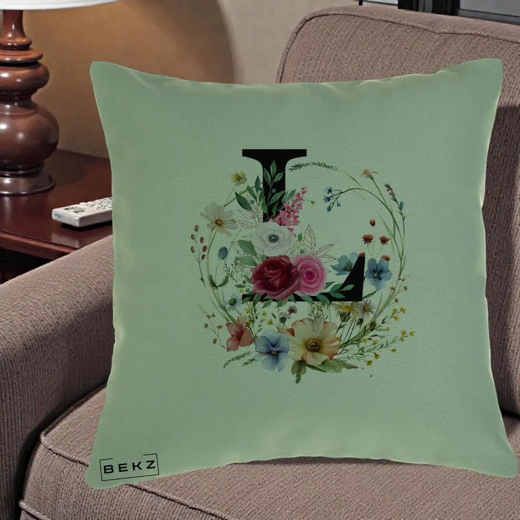 Cadou Personalizat - Perna Personalizata Monogram Litera L cu Flori Acuarela, 40x40 cm, Verde, Husa Detasabila, Perna Inclusa, BEKZ®