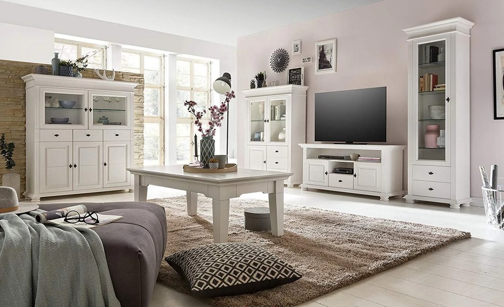 Comodă TV lemn masiv alb Ariana, 137 × 45 × 65 cm
