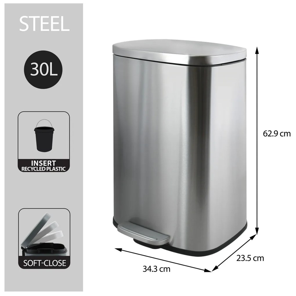 Coș de gunoi cu pedală soft-close Spirella Akira30 l, oțel inoxidabil periat, 30 l