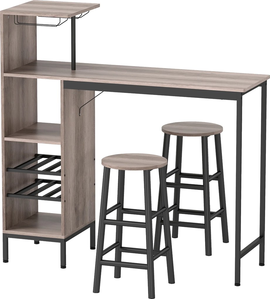 HOMCOM Set masă bar 3 piese cu depozitare, rafturi pentru vin, suporturi pentru pahare, scaune bar cu suport pentru picioare, pentru spații mici, Gri | Aosom Romania