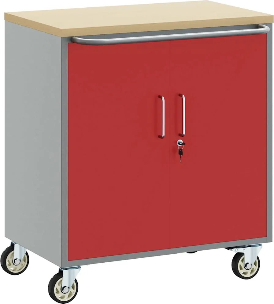 vidaXL Banc de lucru cu raft cu roata Roșu și gri 75 x 45 x 85 cm