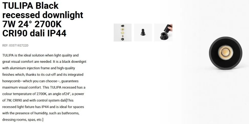 Spot LED incastrabil TULIPA Black recessed downlight 7W 24° 2700K CRI90 dali IP44