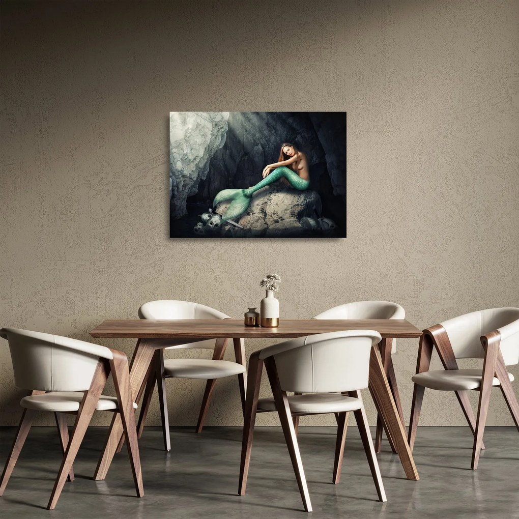 Tablou pe sticlă - Sirena pe stâncă (70x50 cm)