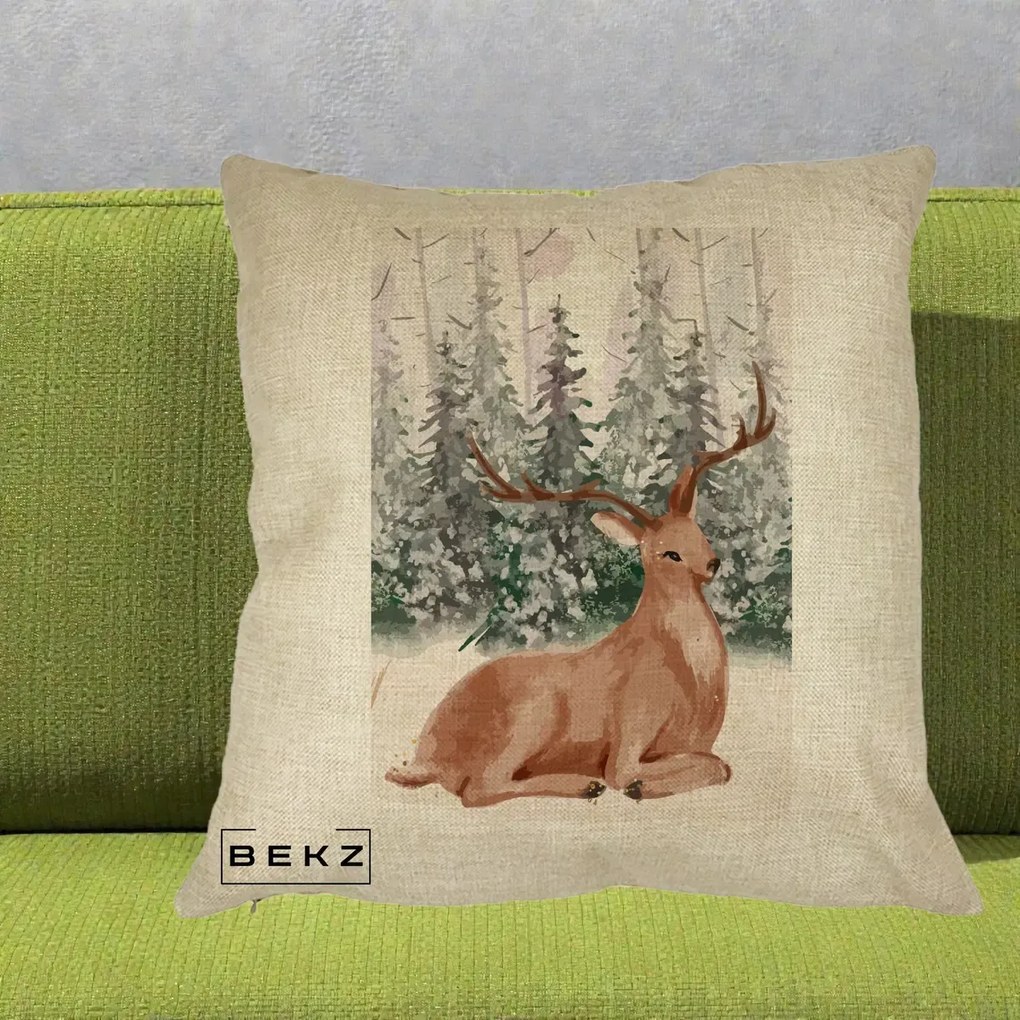 Perna Decorativa Ren in Padure Roz Moale, 40x40 cm, Crem, Husa Detasabila, Perna Inclusa, BEKZ®