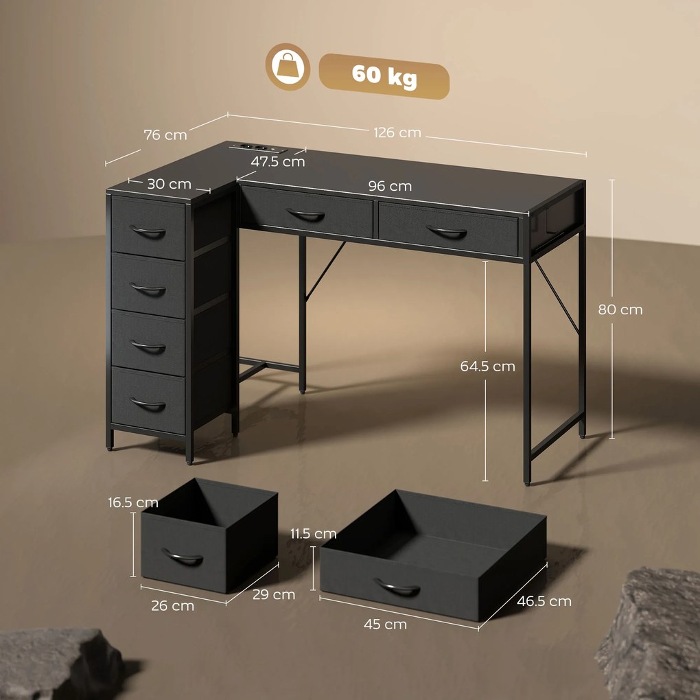 HOMCOM Birou de Colț Reversibil cu Prize și Porturi USB, 126x48 cm Birou în Formă de L cu 6 Sertare din Material Textil, Cârlig Lateral, pentru Computer, Birou, Cameră, Negru | Aosom Romania