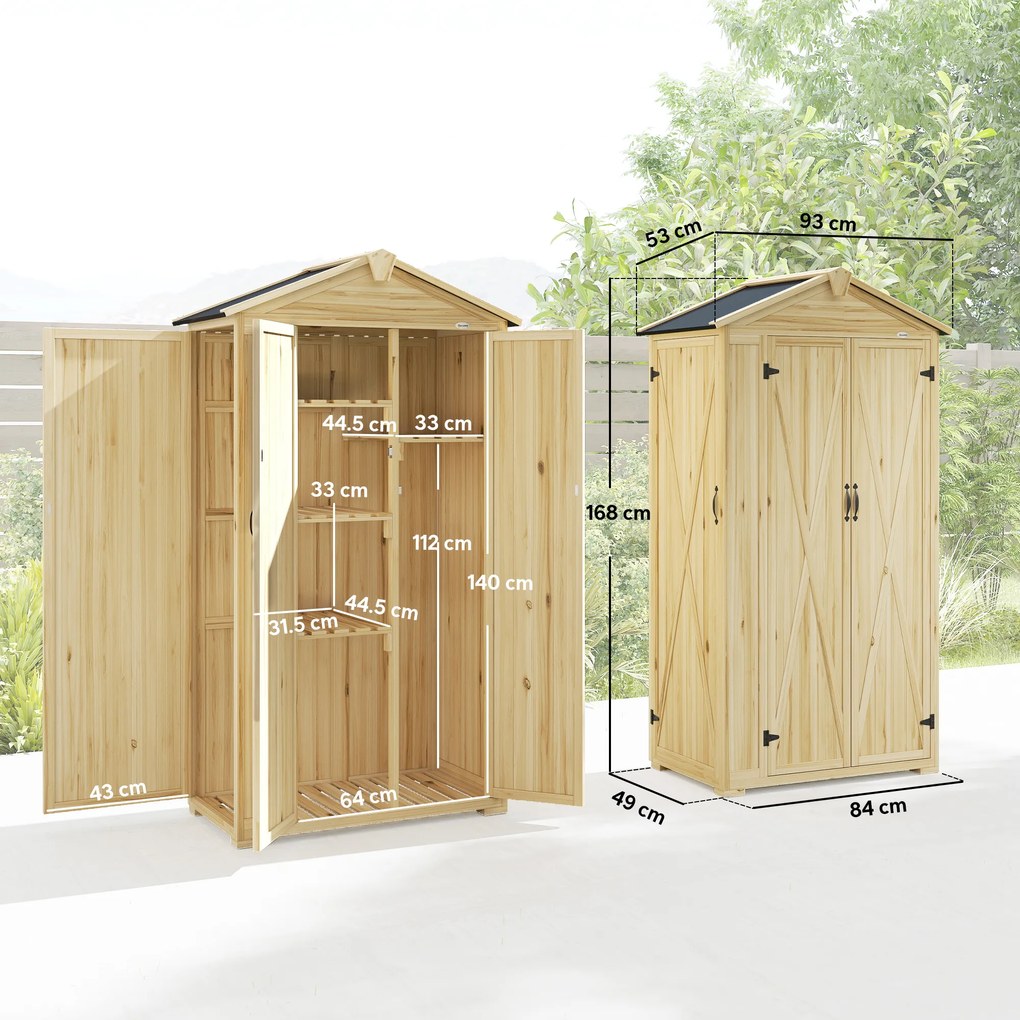 Outsunny Dulap de Grădină Căsuță pentru Unelte cu 3 Uși 93x53x168 cm Lemn Natural | Aosom Romania