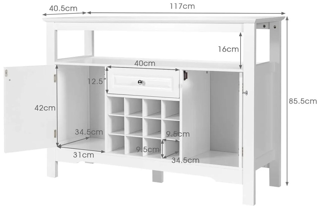 CBA1 - Comoda Bar, 117 cm, depozitare vin, bautura, condimente, dulap cu rafturi bucatarie, living, dining, multifunctional - Alb