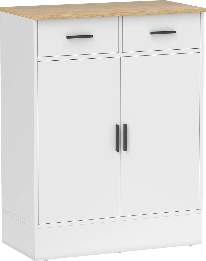 HOMCOM Bufet cu spațiu de depozitare, comodă cu 2 sertare, raft reglabil, pentru bucătărie, living, hol, lemn natural, alb | Aosom Romania