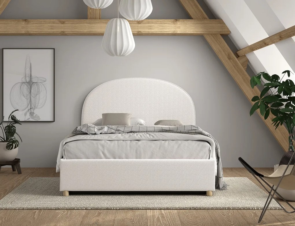Pat tapițat pentru copii MOON, 140 x 200 cm, alb, cu țesătură bouclé și spațiu de depozitare – Vipack