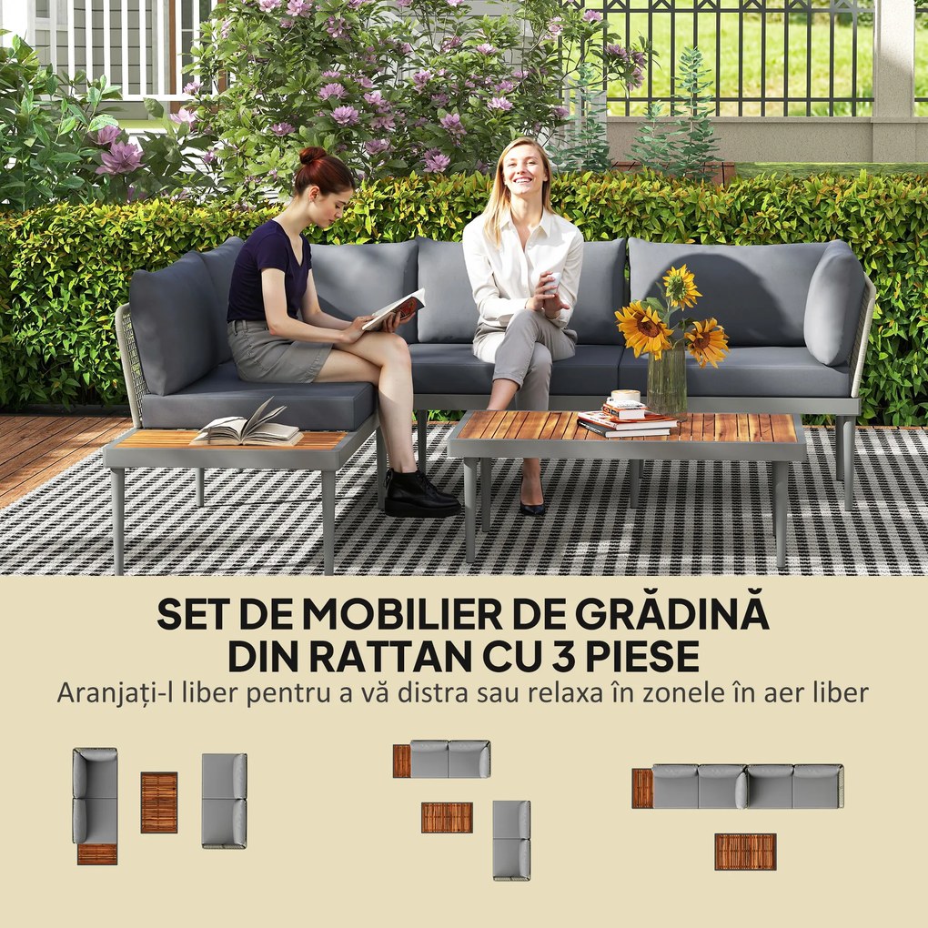 Outsunny Set de Mobilier de Grădină din 3 Piese cu 2 Canapele și Măsuță de Cafea, 184x75x71 cm, Gri | Aosom Romania