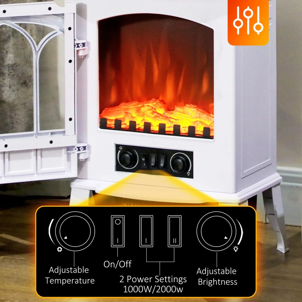 HOMCOM Șemineu Electric de Podea 1000W/2000W Efect de Flacără Luminositate Reglabilă Alb | Aosom Romania