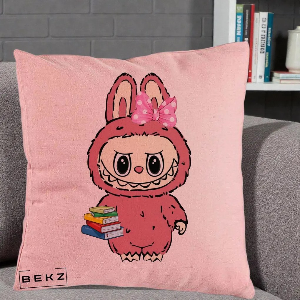 Perna Personalizata Labubu Roz cu Funda si Carti, 40x40 cm, Roz, Husa Detasabila, Perna Inclusa, BEKZ®