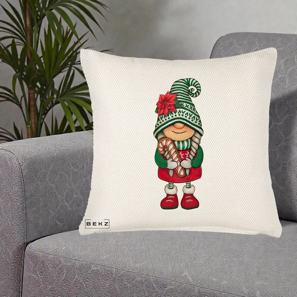 Perna Decorativa Gnom Craciun Verde cu Bomboane si Floare, 40x40 cm, Crem Reliefat, Husa Detasabila, Perna Inclusa, BEKZ®