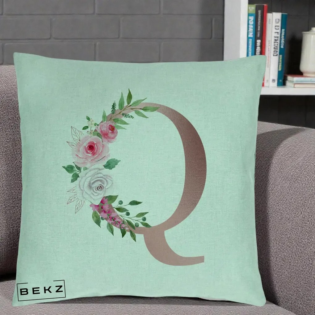 Cadou Personalizat - Perna Personalizata Monograma Rose Gold Litera Q, 40x40 cm, Verde Menta, Husa Detasabila, Perna Inclusa, BEKZ®