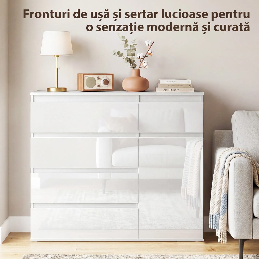 HOMCOM Bufet Modern cu 5 Sertare și Raft Reglabil, Alb Lucios | Aosom Romania