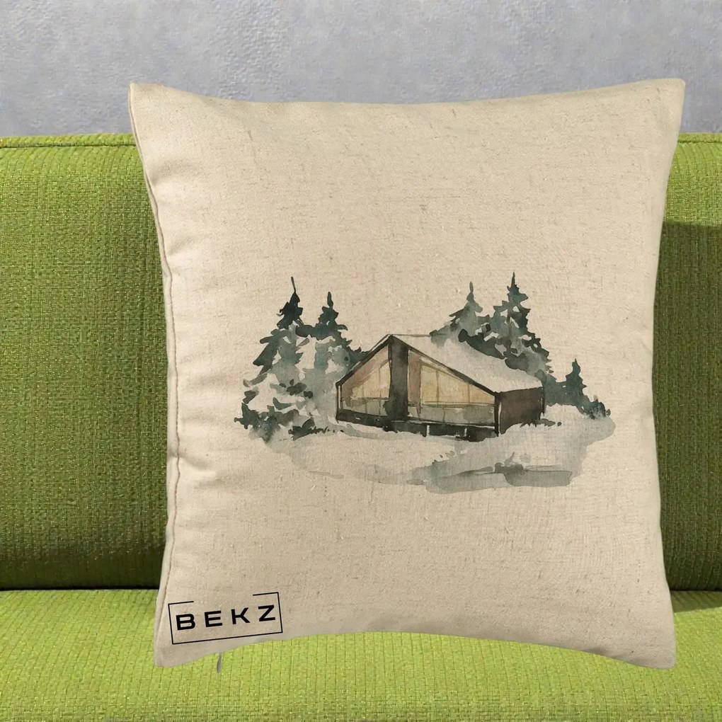 Perna Decorativa Cabana de Iarna in Padure, 40x40 cm, Bej, Husa Detasabila, Perna Inclusa, BEKZ®