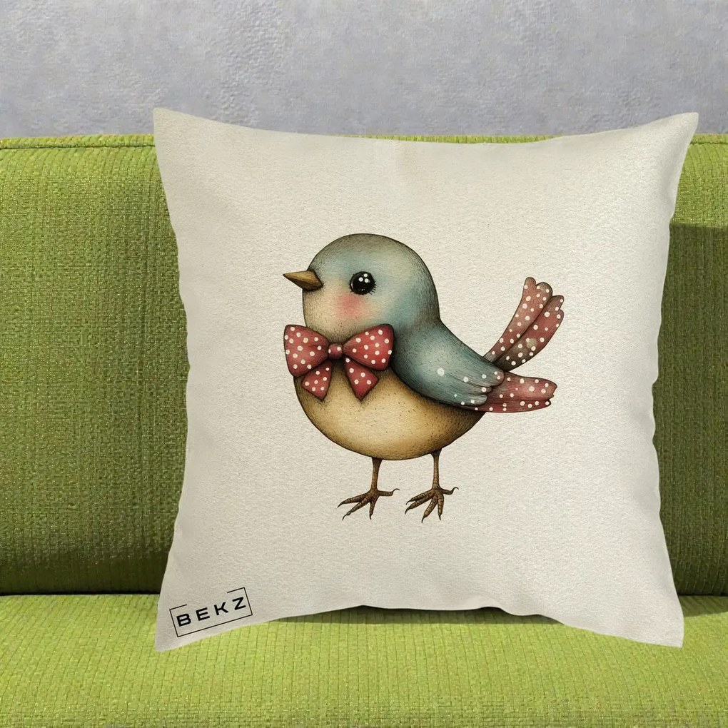 Perna Decorativa Pasare Bleu cu Fundita Rosie, 40x40 cm, Ecru, Husa Detasabila, Perna Inclusa, BEKZ®