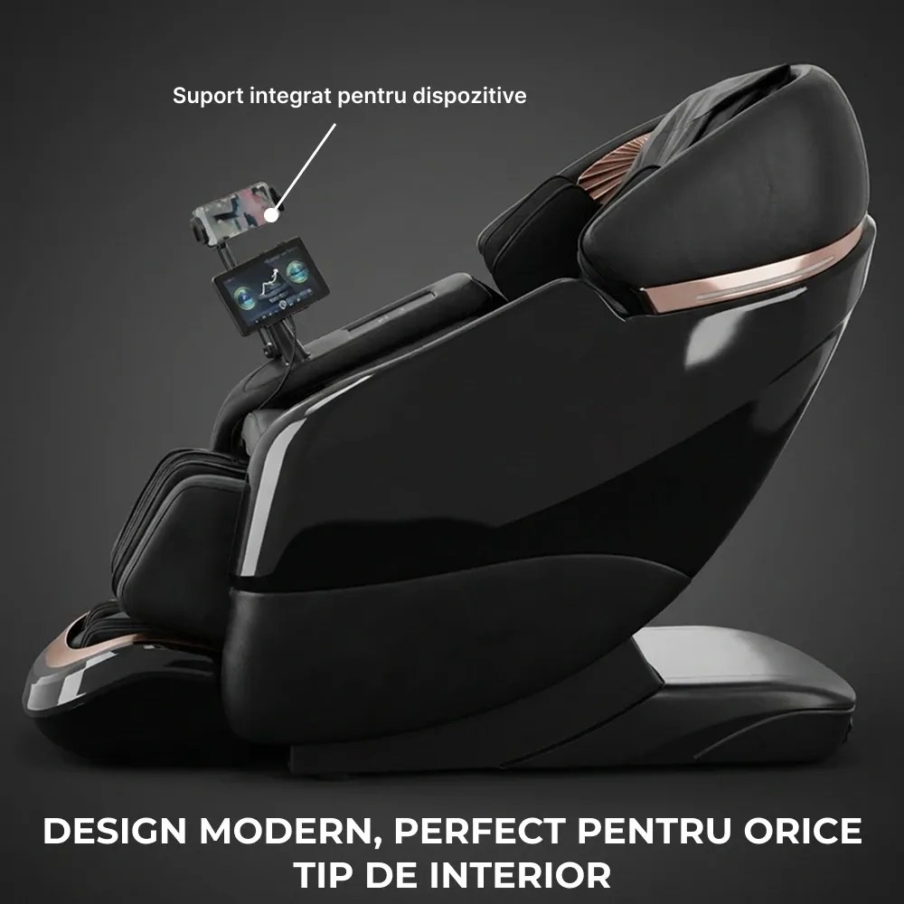 Fotoliu de masaj ZEENA INFINITY PRO, AI voce, Incalzire, Bluetooth, Zero Gravity SL-Track Shiatsu, Joystick și suport pentru telefon, Controler rapid cotiera, 2 Boxe, Moduri Automate, Suport Picioare extensibil, Piele PU Premium, Negru