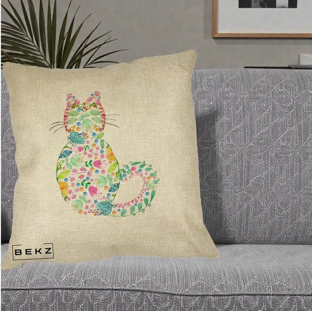 Perna Decorativa Pisica Florala Acuarela, 40x40 cm, Crem, Husa Detasabila, Perna Inclusa, BEKZ®