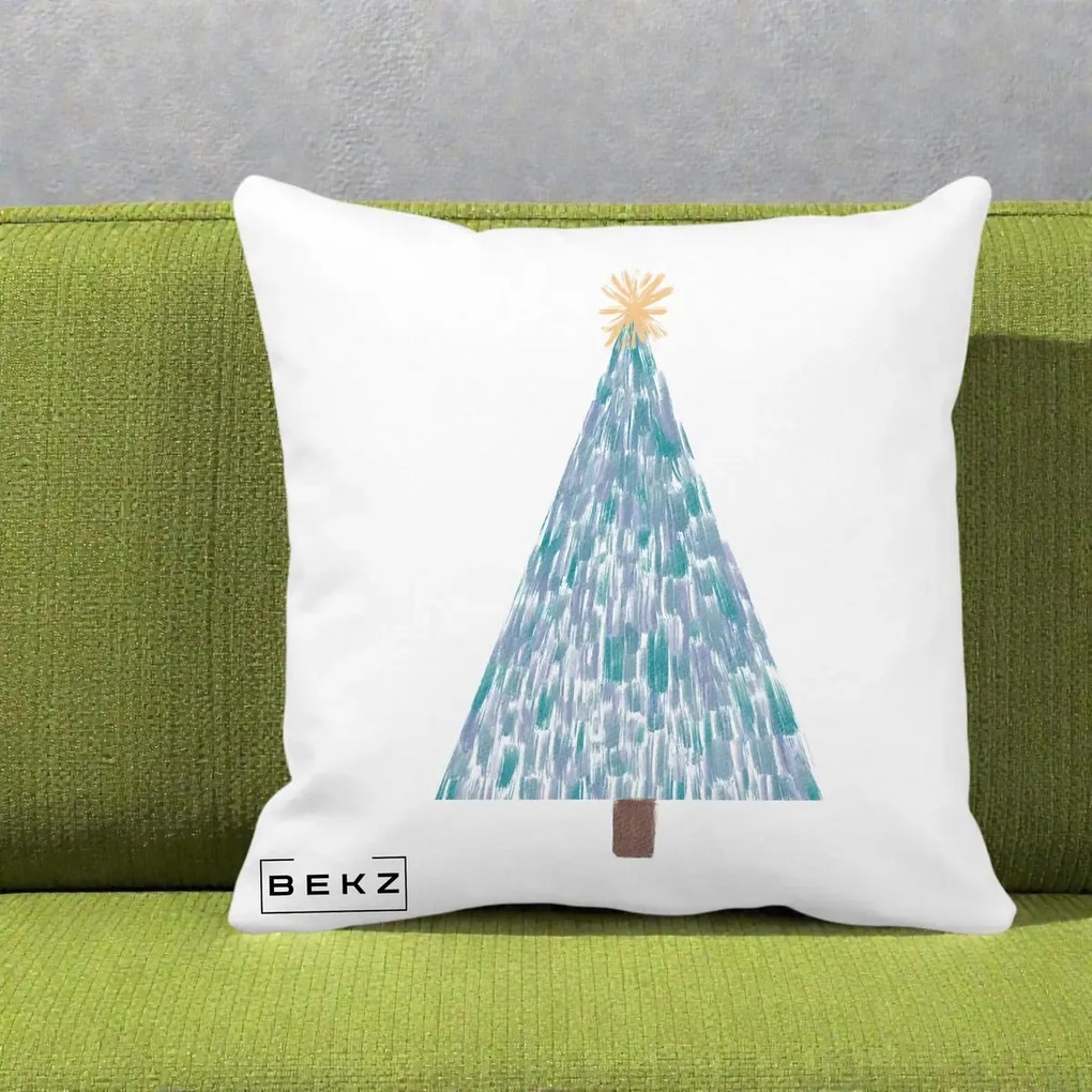 Perna Decorativa Brad de Craciun Acrilic Albastru, 40x40 cm, Alba Mata, Husa Detasabila, Perna Inclusa, BEKZ®