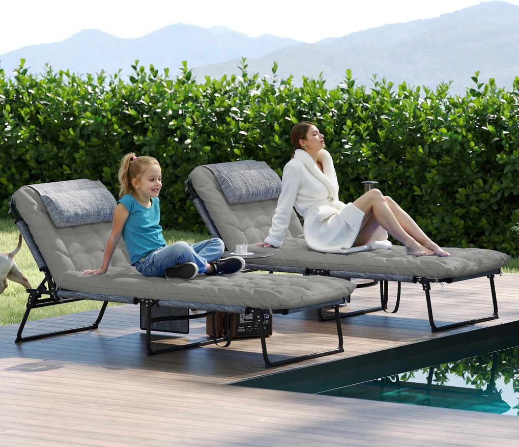 Outsunny Set de 2 șezlonguri pliabile cu spătar reglabil 4 poziții - pernă pentru cap și saltea groasă | Aosom Romania