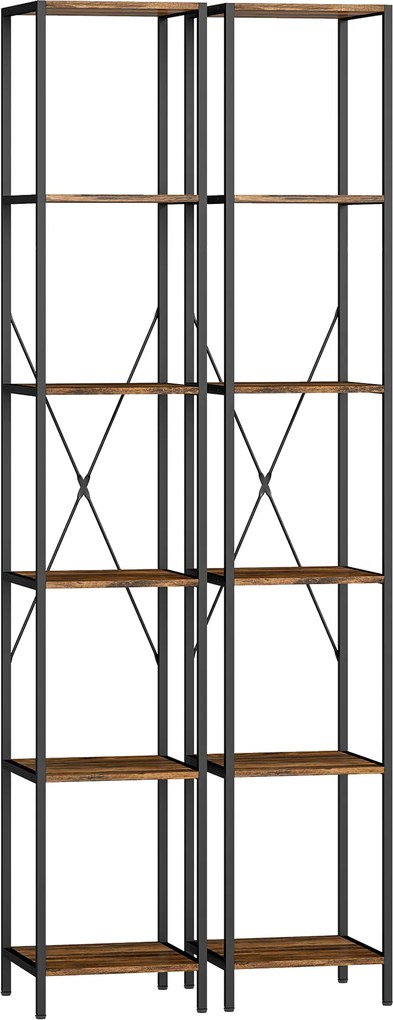 HOMCOM Set de 2 rafturi cu 6 polițe, cadru din oțel, pentru living, birou, dormitor, Maro-Rustic | Aosom Romania