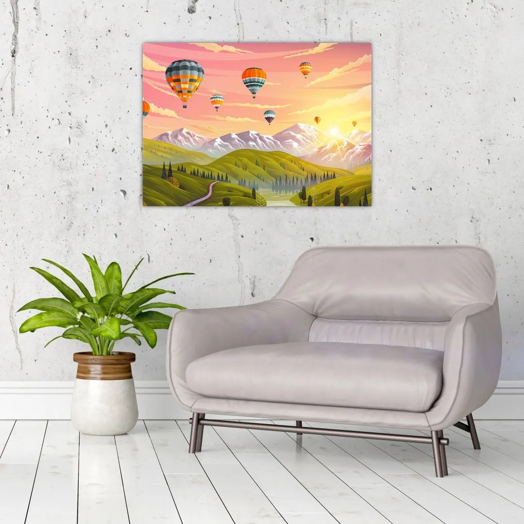 Tablou pe sticlă - Baloane deasupra unui peisaj (70x50 cm)