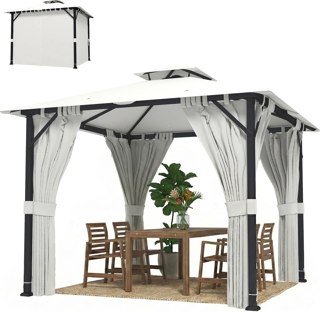 Outsunny Tonnelă de grădină exterior 3x3m pavilion de grădină, acoperiș dublu, draperii, cârlige pentru tavan, cadru metalic, crem | Aosom Romania