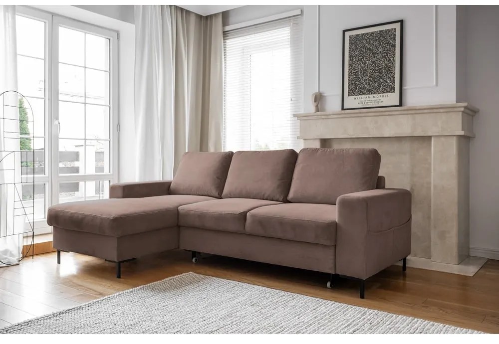 Colțar maro extensibil cu tapițerie din catifea reiată (cu colț pe partea stângă ) Lofty Lilly – Miuform