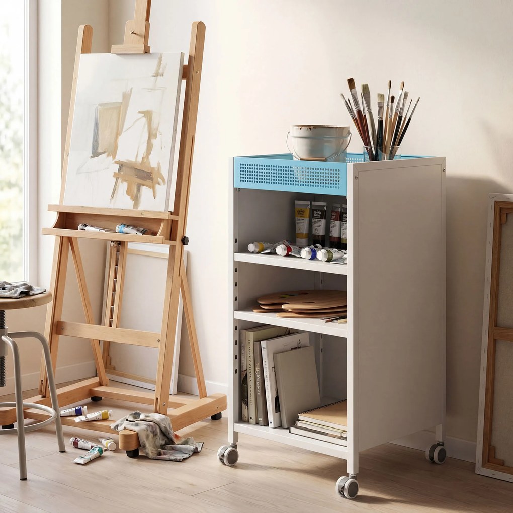 HOMCOM Bibliotecă mobilă cu rafturi reglabile, 3-stufiger Rollwagen mit oberem Korb, Weiß | Aosom Romania