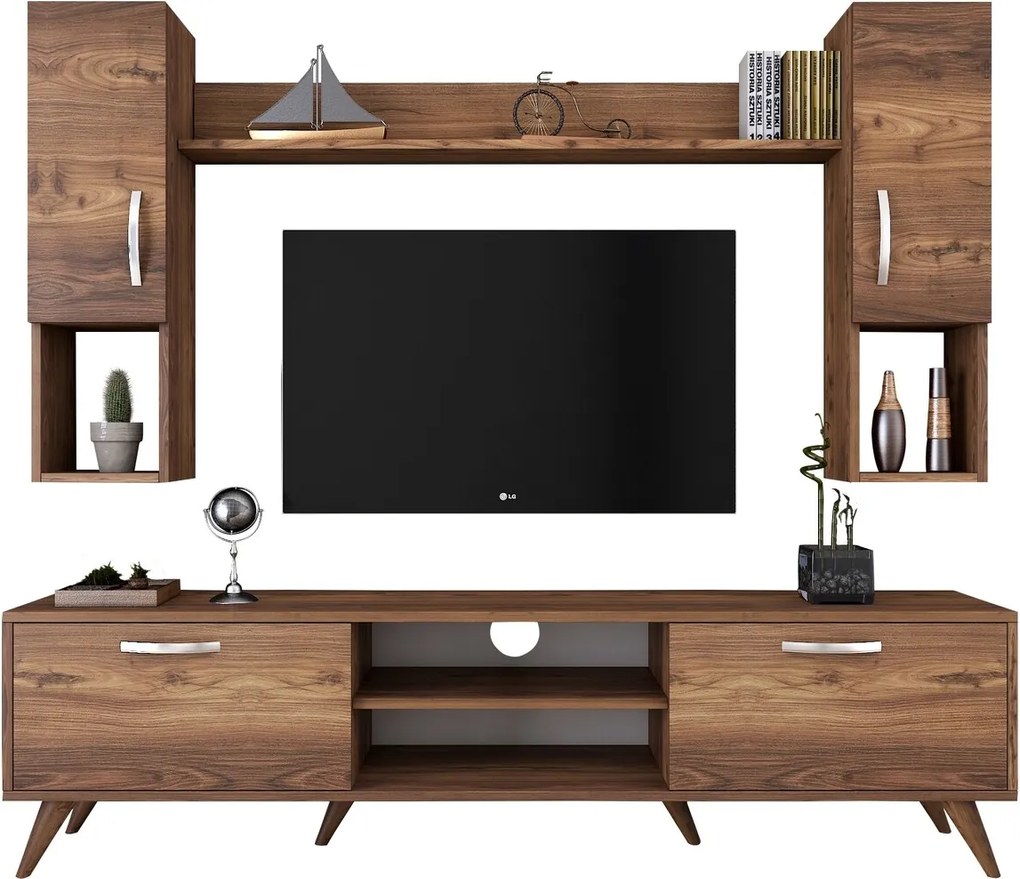 Comoda TV cu raft de perete si 2 cabinete M27 - 284, Wren, 180 x 35 x 48.6 cm/133 cm, walnut