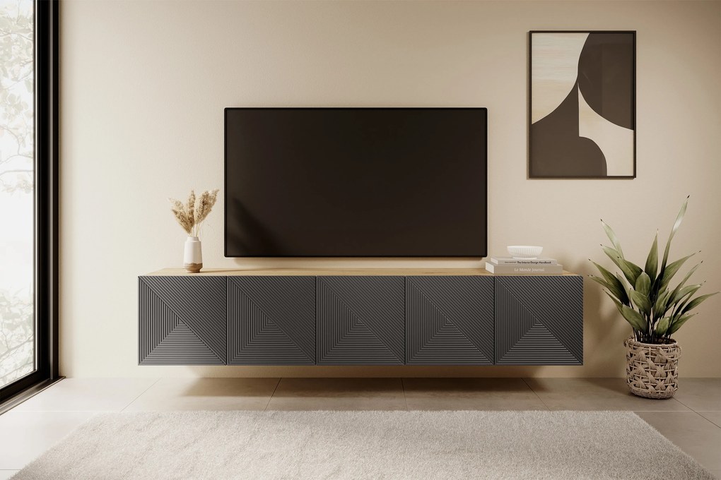 Comodă TV suspendată Asha 200 cm, partea frontală cu riflaj – stejar artisan / rivier stone mat
