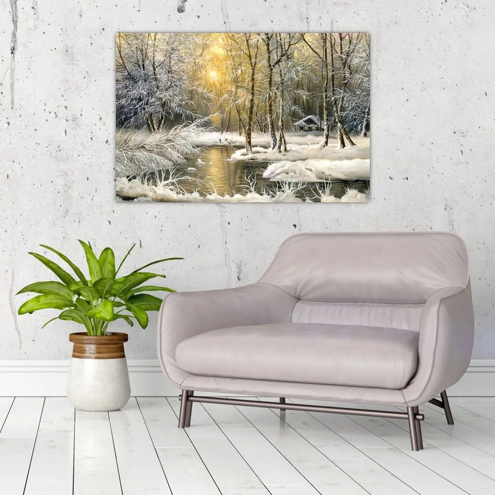 Tablou - Cabană în pădure, pictură în uei (90x60 cm)