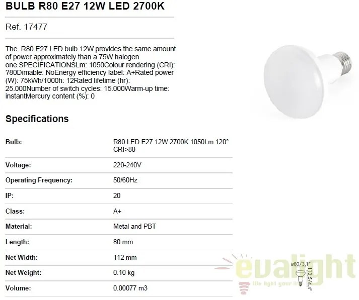 Bec LED E27 R80 12W LED 2700K 17477