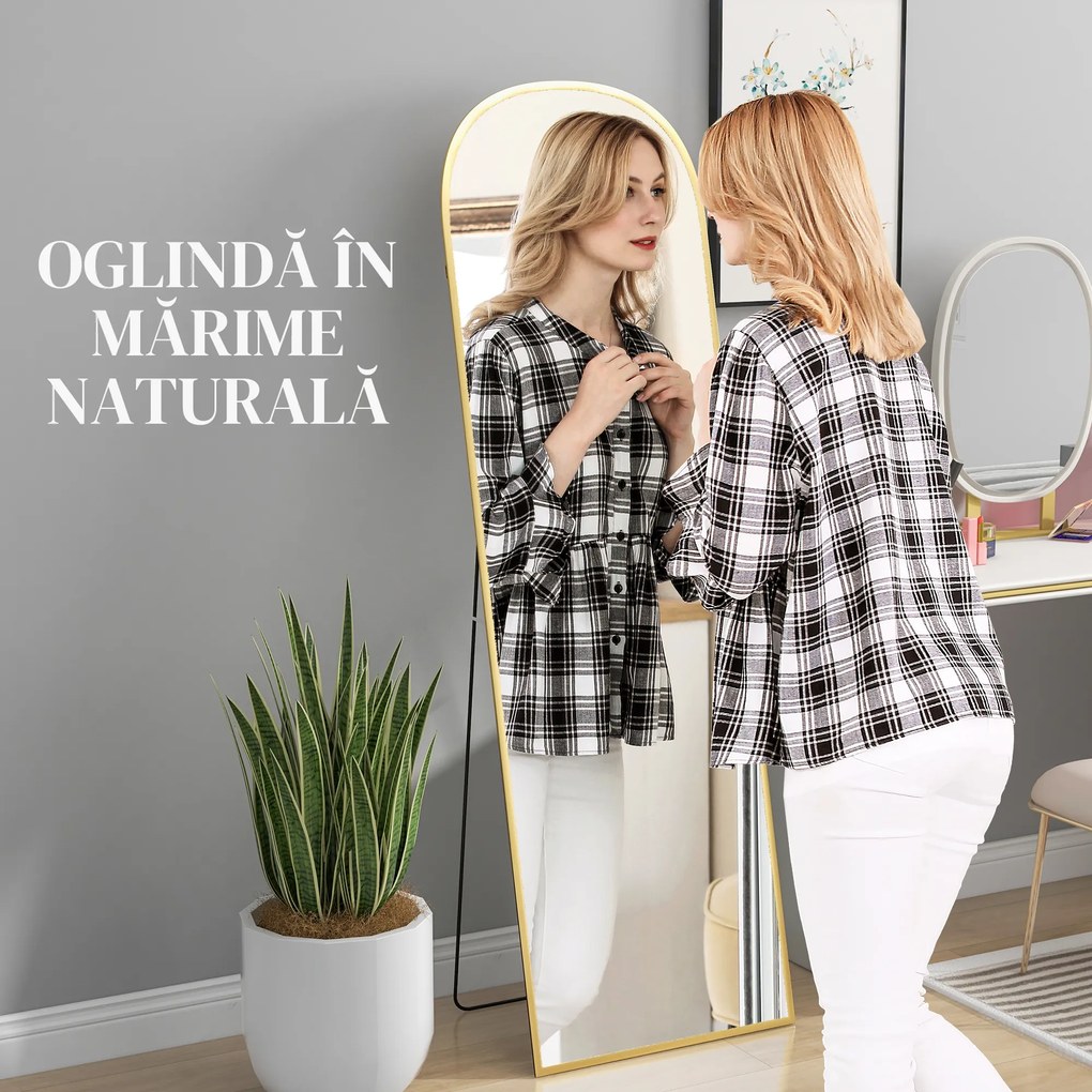 HOMCOM Oglindă de Podea și Perete cu Suport Pliabil, 50x161.5cm, Auriu | Aosom Romania