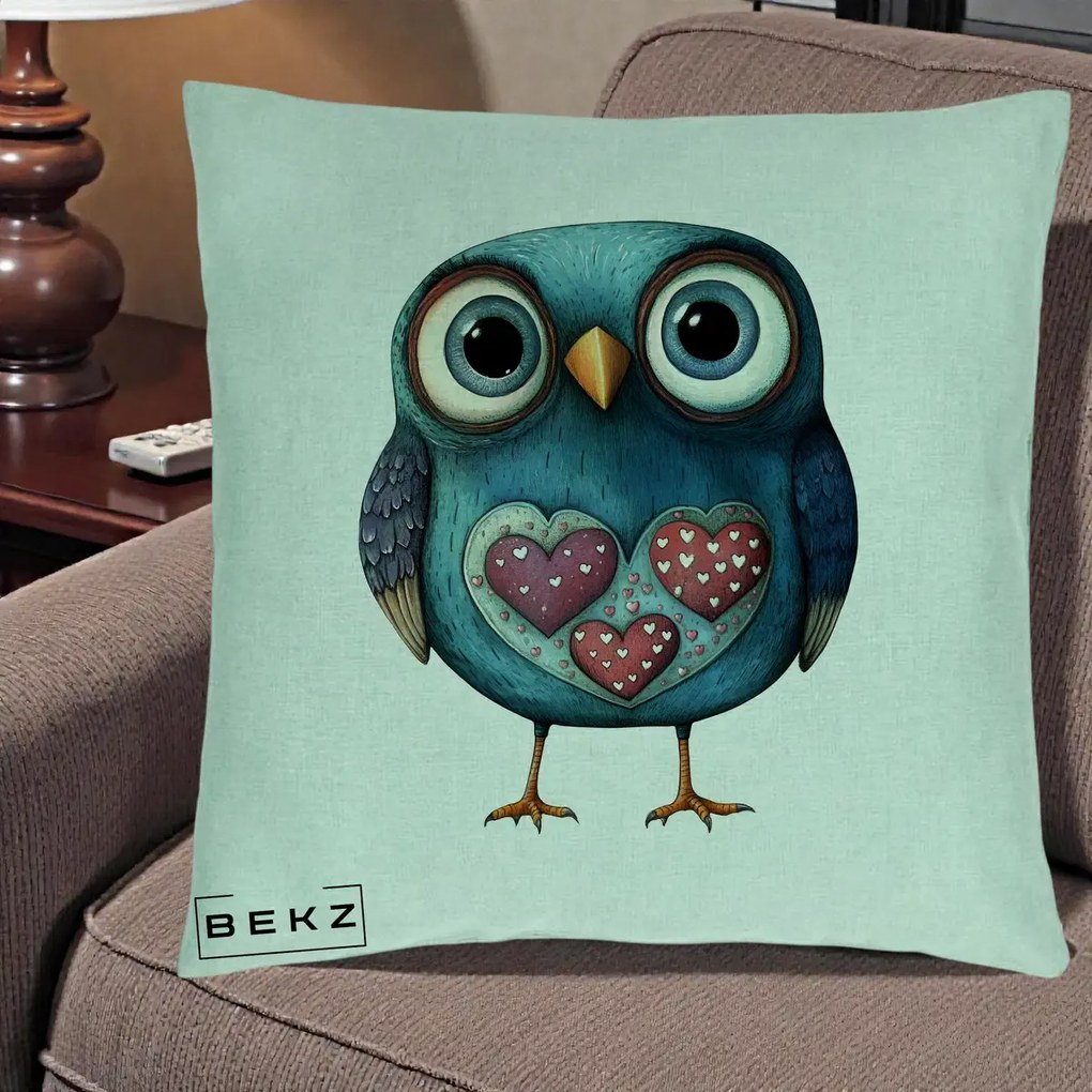 Perna Decorativa Bufnita Teal cu Doua Inimi, 40x40 cm, Verde Menta, Husa Detasabila, Perna Inclusa, BEKZ®