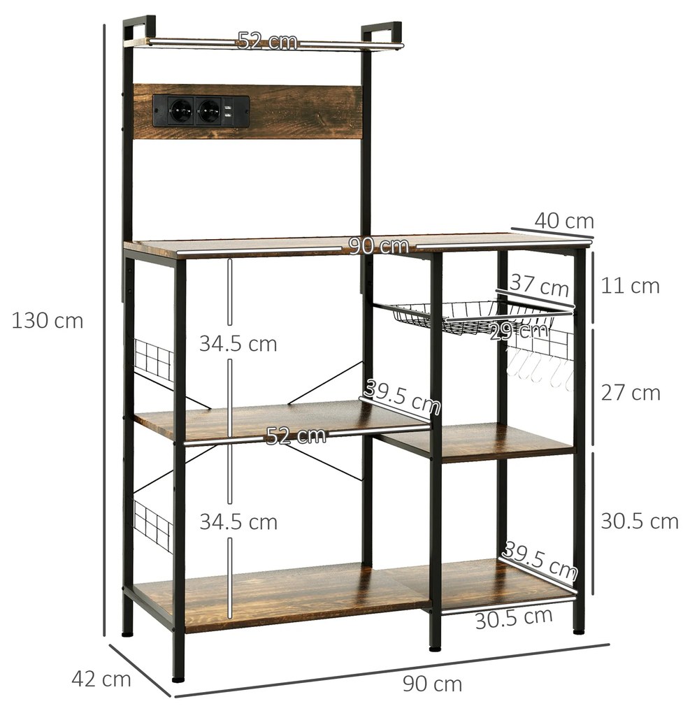 HOMCOM Raft de Bucatarie cu Prize Mutiple, Dulap Bucatarie pentru Microunde cu Rafturi si Cos din Sarma Stil Industrial, 90x42x130cm, Maro