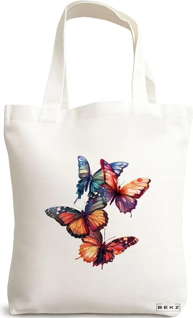Sacosa de Panza pentru Cumparaturi, Geanta Tote, model Artistic butterflies 38 x 34.5 cm, Alba, BEKZ®